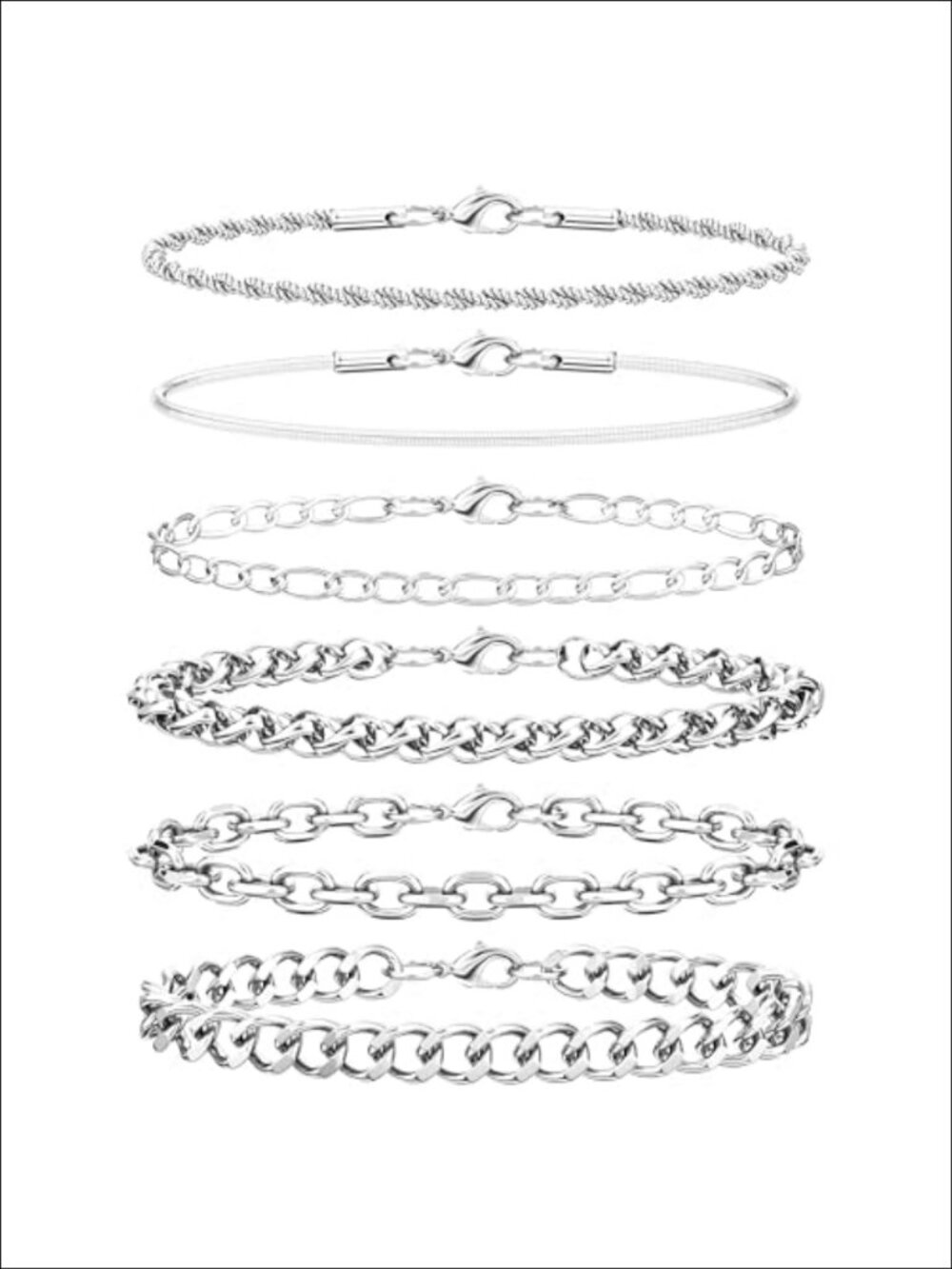 6PC 316L Stainless Steel Bracelet Set Cuban Figaro Rope Snake Chain 7 8 9 In